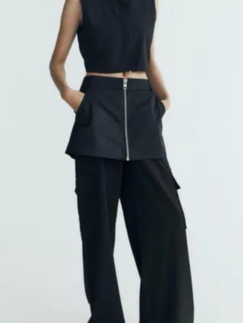 NWT ZARA ZBlack Wide-Leg Cargo Pants with Front Zip Skirt Overlay, Sz XS